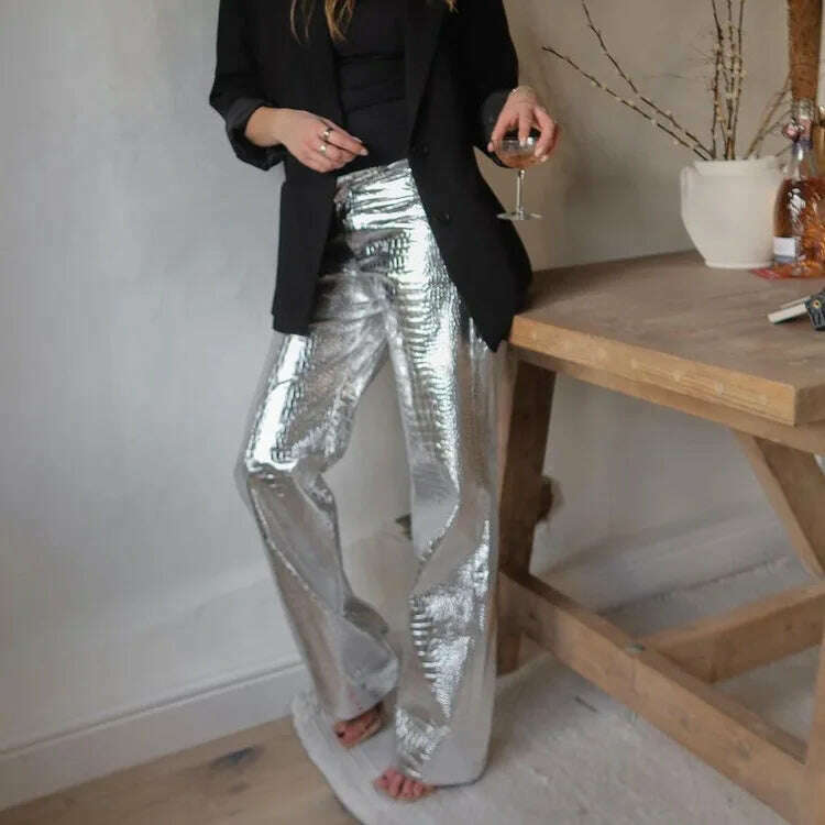 BKQU Gold Sliver Leather Straight Wide Leg Pants for Women 2024 Fashion Streetwear High Waist Scale Leather Party Club Trousers - KIMLUD