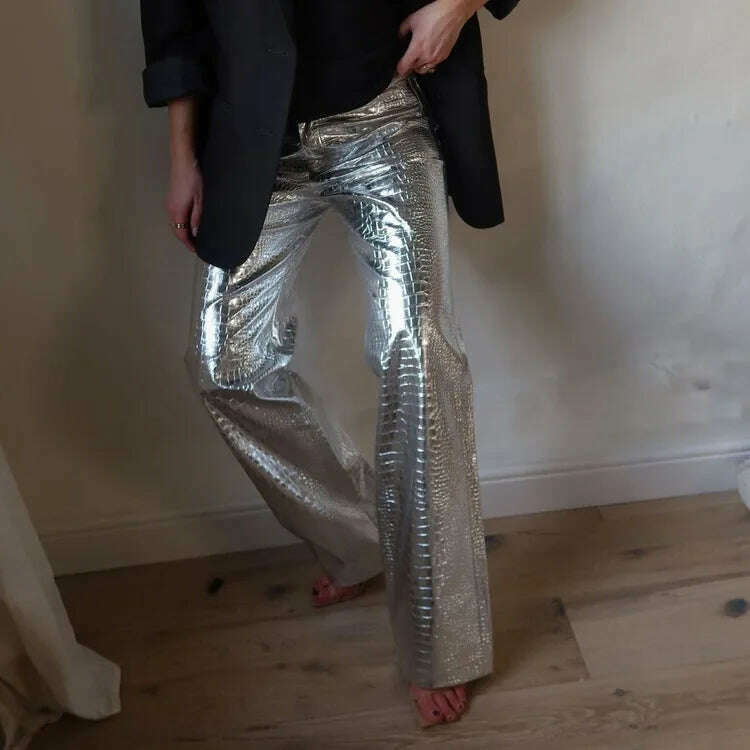 BKQU Gold Sliver Leather Straight Wide Leg Pants for Women 2024 Fashion Streetwear High Waist Scale Leather Party Club Trousers - KIMLUD