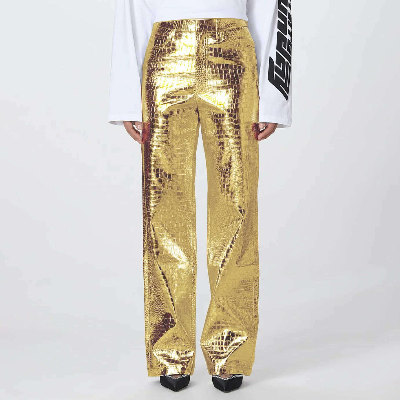 BKQU Gold Sliver Leather Straight Wide Leg Pants for Women 2024 Fashion Streetwear High Waist Scale Leather Party Club Trousers - KIMLUD