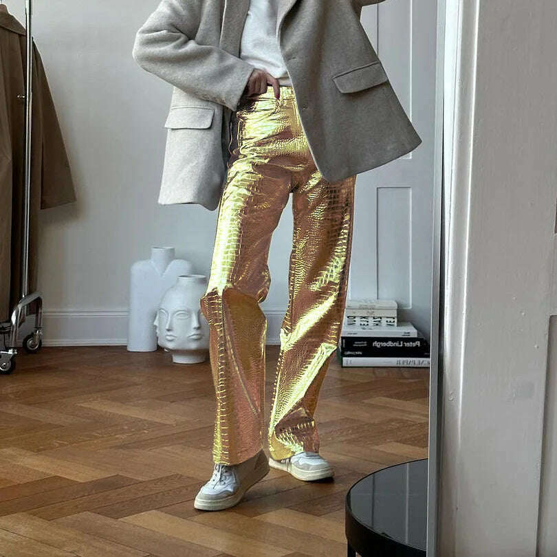 BKQU Gold Sliver Leather Straight Wide Leg Pants for Women 2024 Fashion Streetwear High Waist Scale Leather Party Club Trousers - KIMLUD