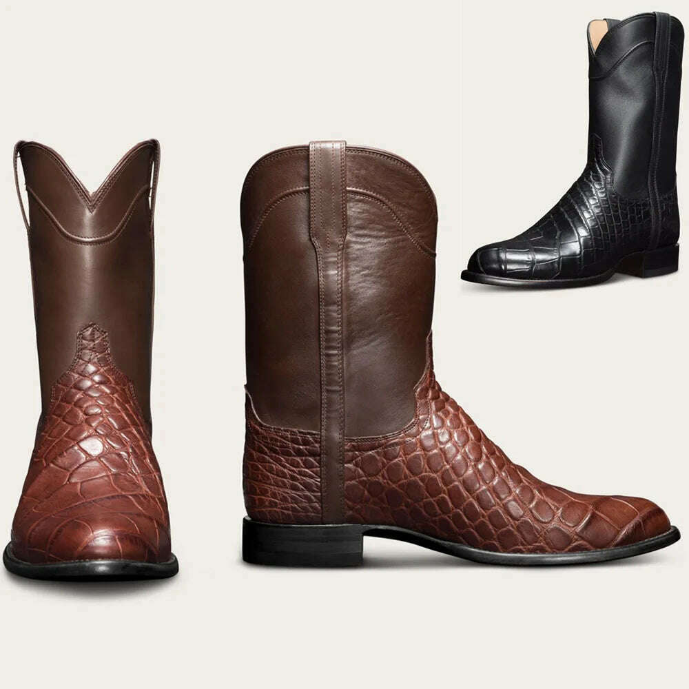 Black Ankle Boots Mens Crocodile Pattern Trend Mid-tube Boots Western Cowboy Casual Leather Shoes Men's Large Size Cossack Boots - KIMLUD