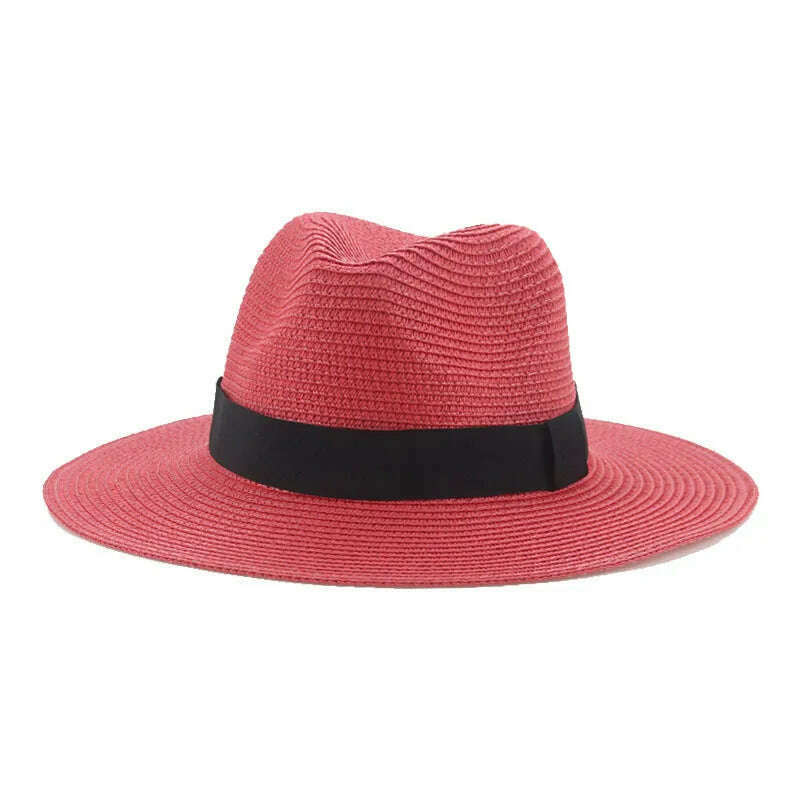 Black Ribbon Panama Straw Hat Flat Eaves Outdoor Spring and Summer Sunshade Beach Hats for Women - KIMLUD