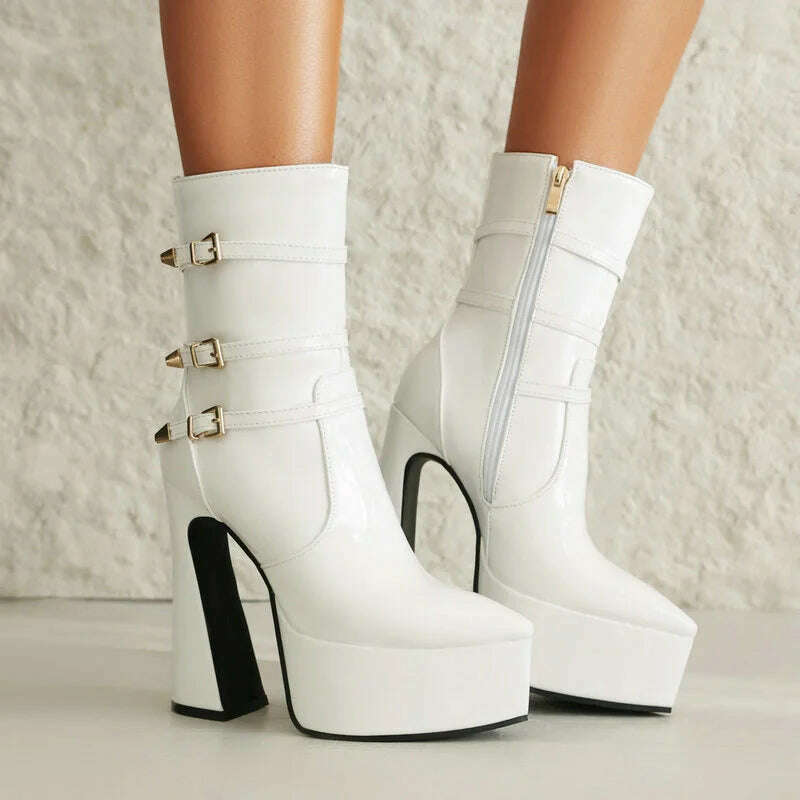 Black White Red Women Ankle Boots Platform Square High Heel Ladies Short Boots Patent PU Leather Pointed Toe Zipper Dress Boots - KIMLUD
