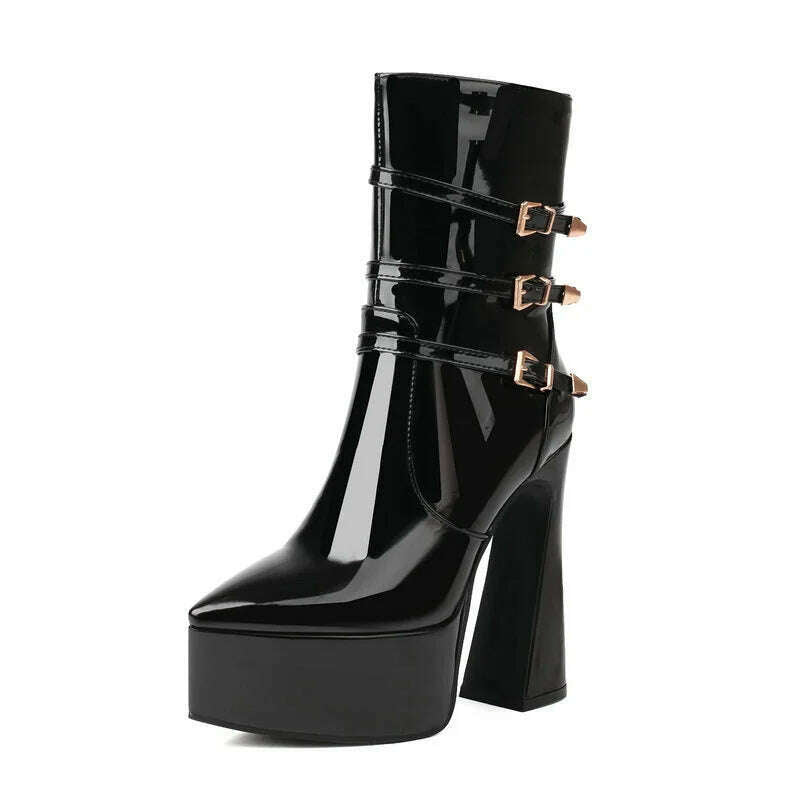 Black White Red Women Ankle Boots Platform Square High Heel Ladies Short Boots Patent PU Leather Pointed Toe Zipper Dress Boots - KIMLUD