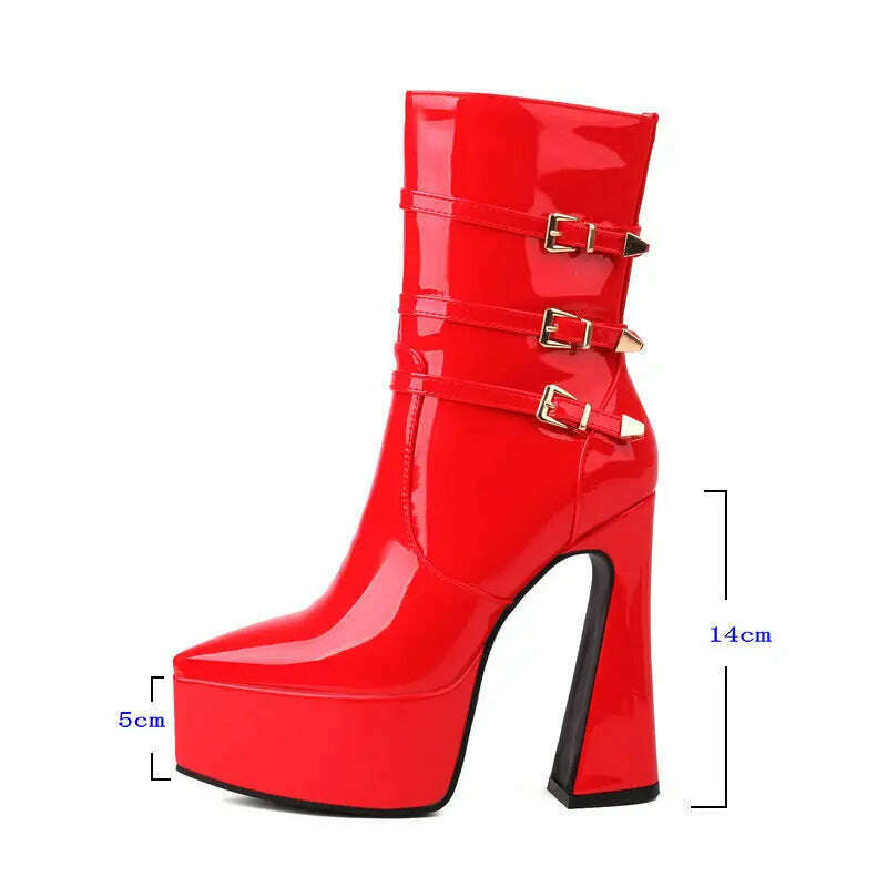 Black White Red Women Ankle Boots Platform Square High Heel Ladies Short Boots Patent PU Leather Pointed Toe Zipper Dress Boots - KIMLUD