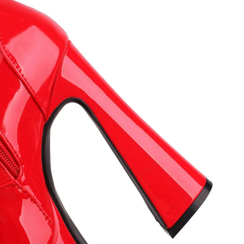 Black White Red Women Ankle Boots Platform Square High Heel Ladies Short Boots Patent PU Leather Pointed Toe Zipper Dress Boots - KIMLUD