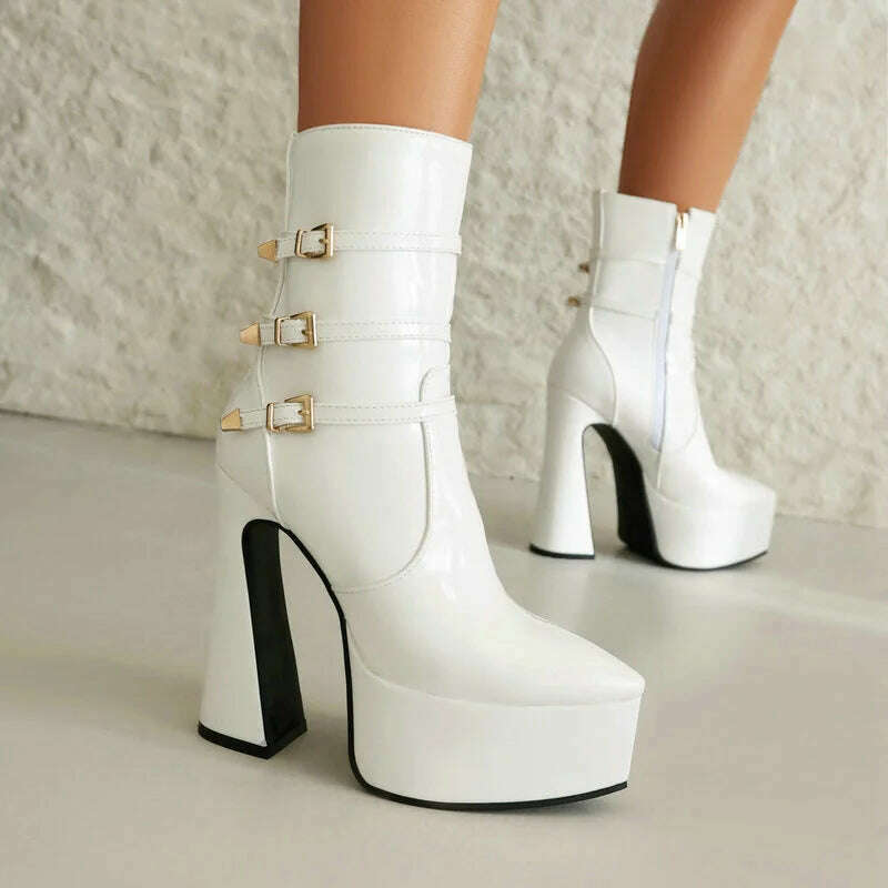 Black White Red Women Ankle Boots Platform Square High Heel Ladies Short Boots Patent PU Leather Pointed Toe Zipper Dress Boots - KIMLUD