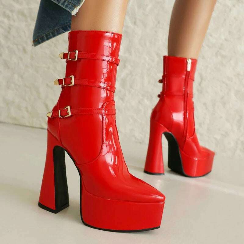 Black White Red Women Ankle Boots Platform Square High Heel Ladies Short Boots Patent PU Leather Pointed Toe Zipper Dress Boots - KIMLUD