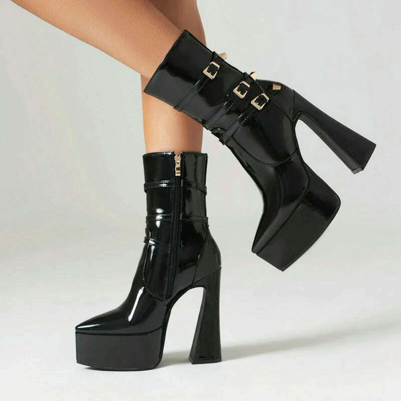 Black White Red Women Ankle Boots Platform Square High Heel Ladies Short Boots Patent PU Leather Pointed Toe Zipper Dress Boots - KIMLUD