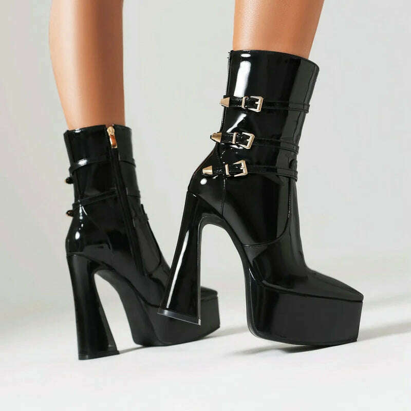 Black White Red Women Ankle Boots Platform Square High Heel Ladies Short Boots Patent PU Leather Pointed Toe Zipper Dress Boots - KIMLUD