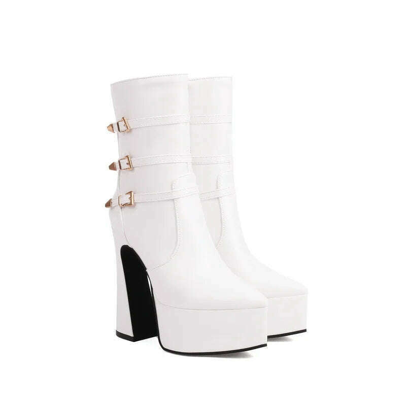 Black White Red Women Ankle Boots Platform Square High Heel Ladies Short Boots Patent PU Leather Pointed Toe Zipper Dress Boots - KIMLUD