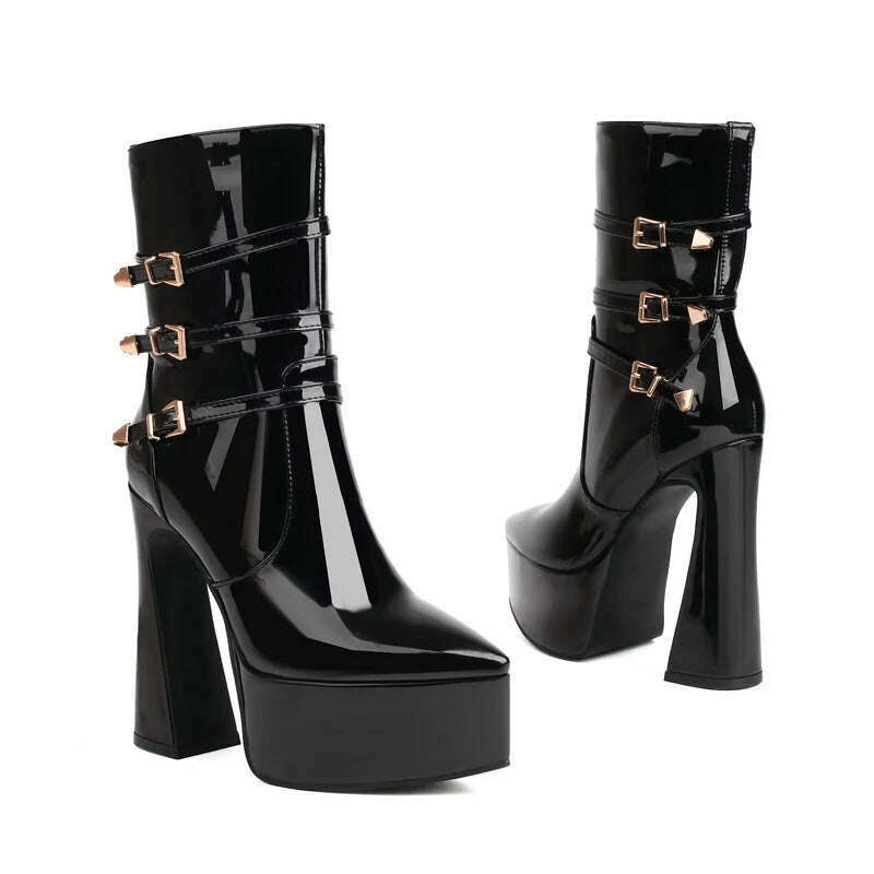 Black White Red Women Ankle Boots Platform Square High Heel Ladies Short Boots Patent PU Leather Pointed Toe Zipper Dress Boots - KIMLUD