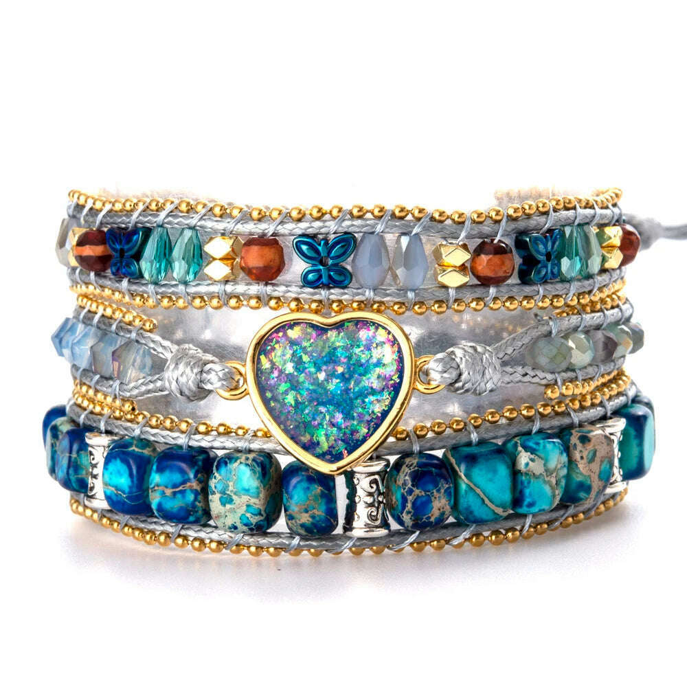 Blue Sparkling Opal Heart Imperial Stones Butterfly Spacers Beaded Wrap Bracelets Cord Thread - KIMLUD