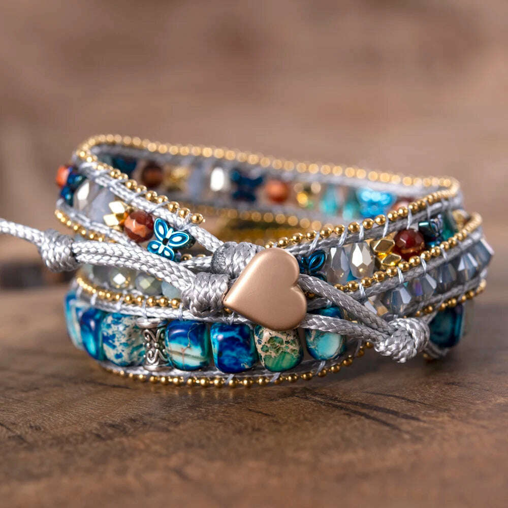 Blue Sparkling Opal Heart Imperial Stones Butterfly Spacers Beaded Wrap Bracelets Cord Thread - KIMLUD