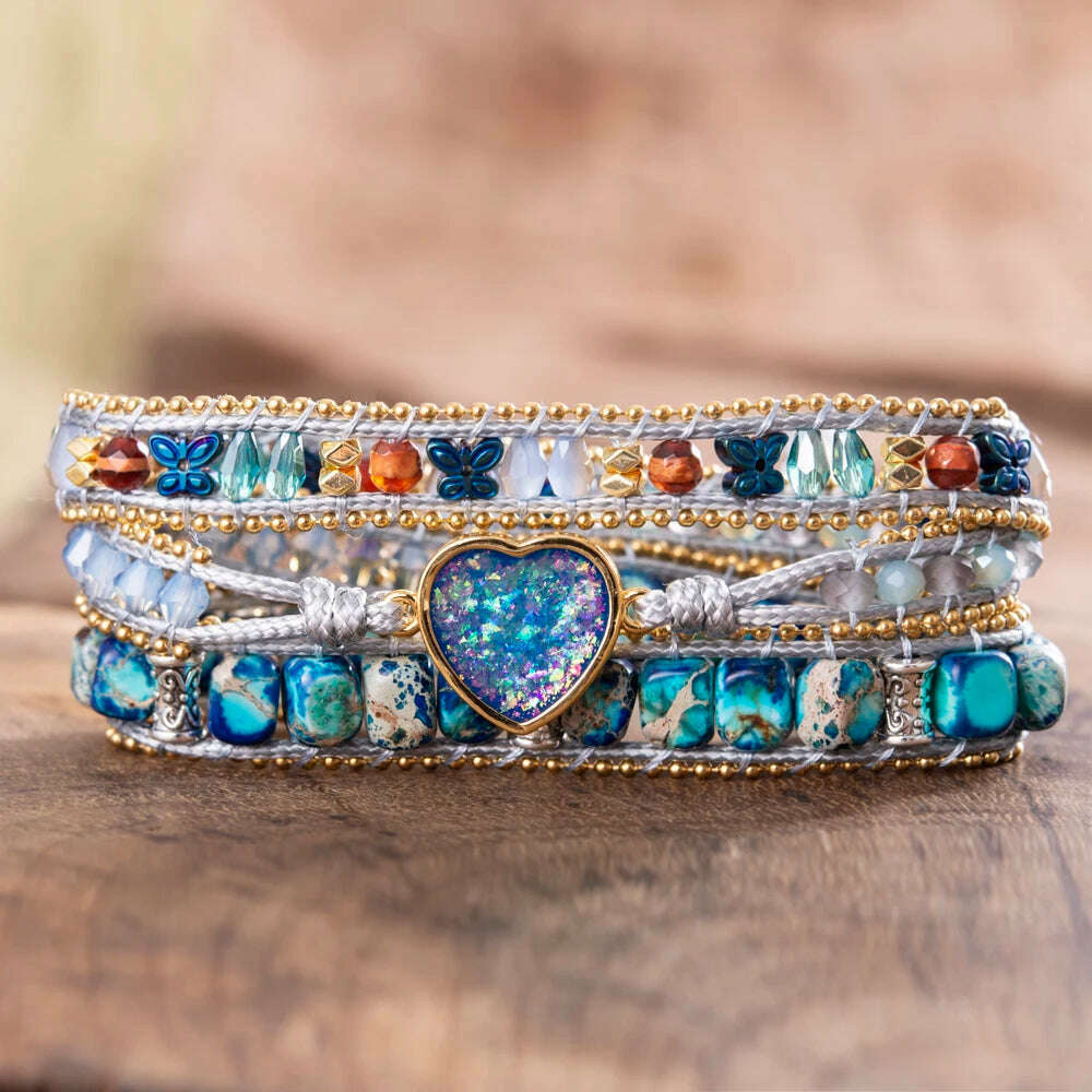 Blue Sparkling Opal Heart Imperial Stones Butterfly Spacers Beaded Wrap Bracelets Cord Thread - KIMLUD