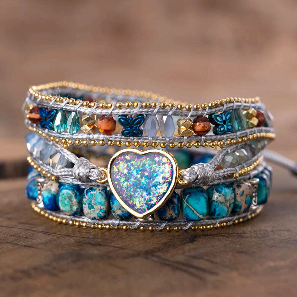 Blue Sparkling Opal Heart Imperial Stones Butterfly Spacers Beaded Wrap Bracelets Cord Thread - KIMLUD