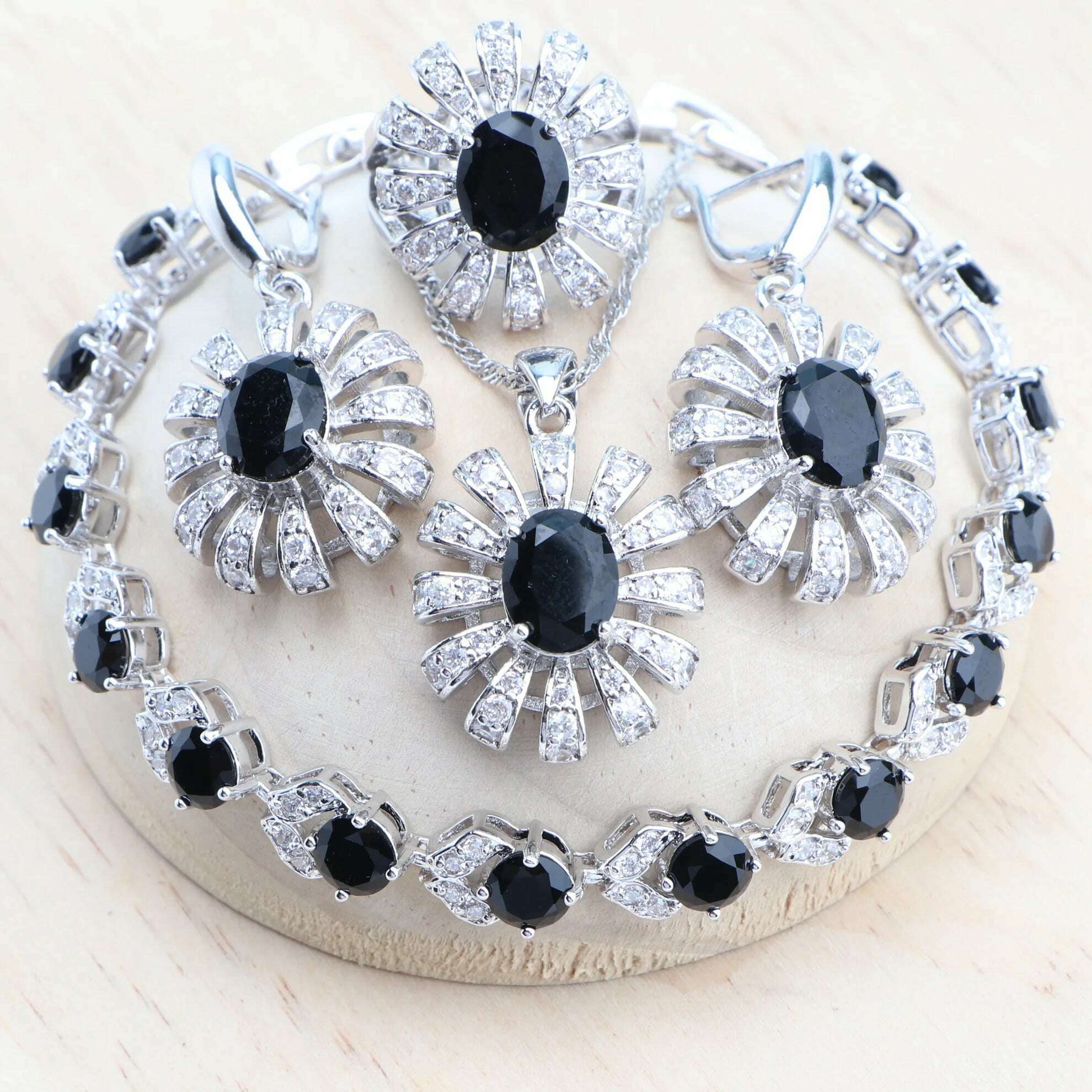 KIMLUD, Blue Zirconia Women Silver 925 Jewelry Sets Wedding Bridal Costume Jewellery Earrings Rings Stone Bracelets Set Pendant Necklace, 4PCS-Black / 9, KIMLUD APPAREL - Womens Clothes
