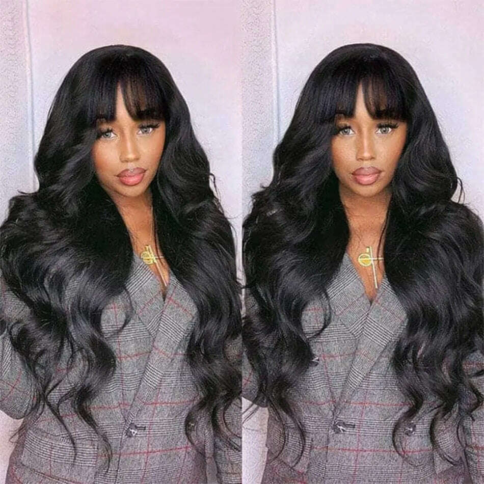 Body Wave Human Hair Wigs With Bangs Glueless Wig Pre Plucked Cheap Hair Wigs On Sale Clearance Full Machine Made Wig With Bang - KIMLUD