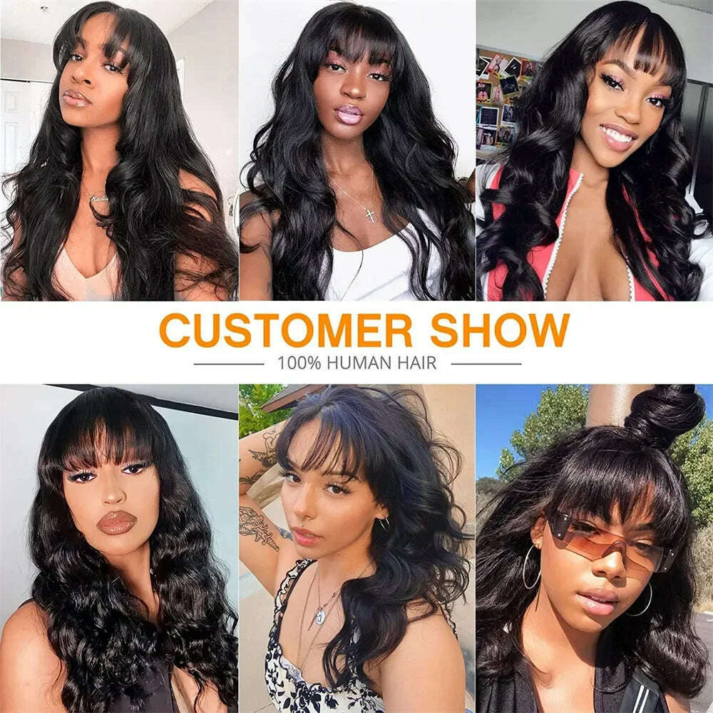 Body Wave Human Hair Wigs With Bangs Glueless Wig Pre Plucked Cheap Hair Wigs On Sale Clearance Full Machine Made Wig With Bang - KIMLUD