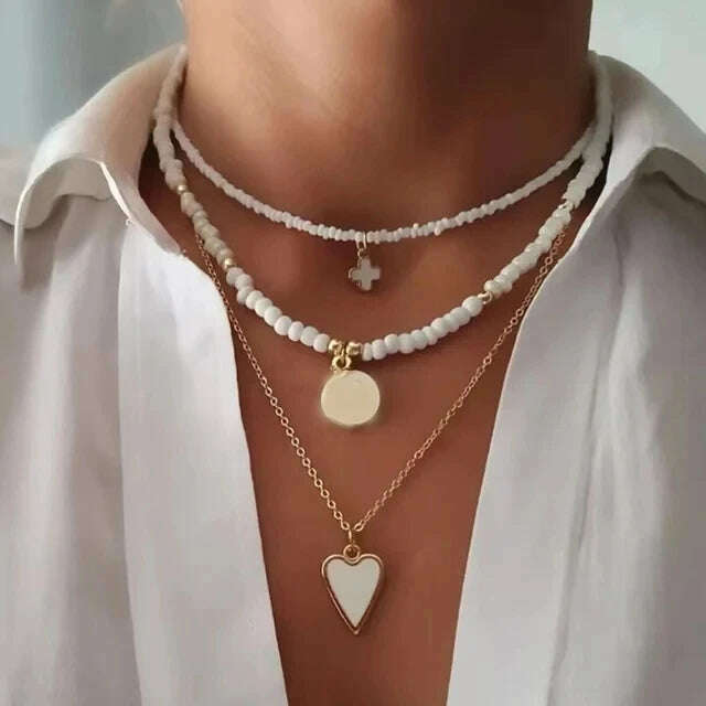 Bohemia Accessories Necklace For Women Trendy Multi-Layer Crystal Cross Lock Heart Pendant Necklaces Set Jewelry Gifts N0391 - KIMLUD