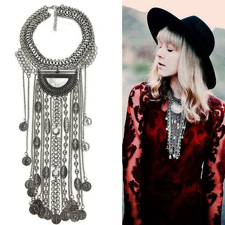 Bohemian Vintage Choker Necklace Women Indian Ethnic Statement Large Collar Necklaces Pendant Maxi Gypsy Big Choker Necklace - KIMLUD