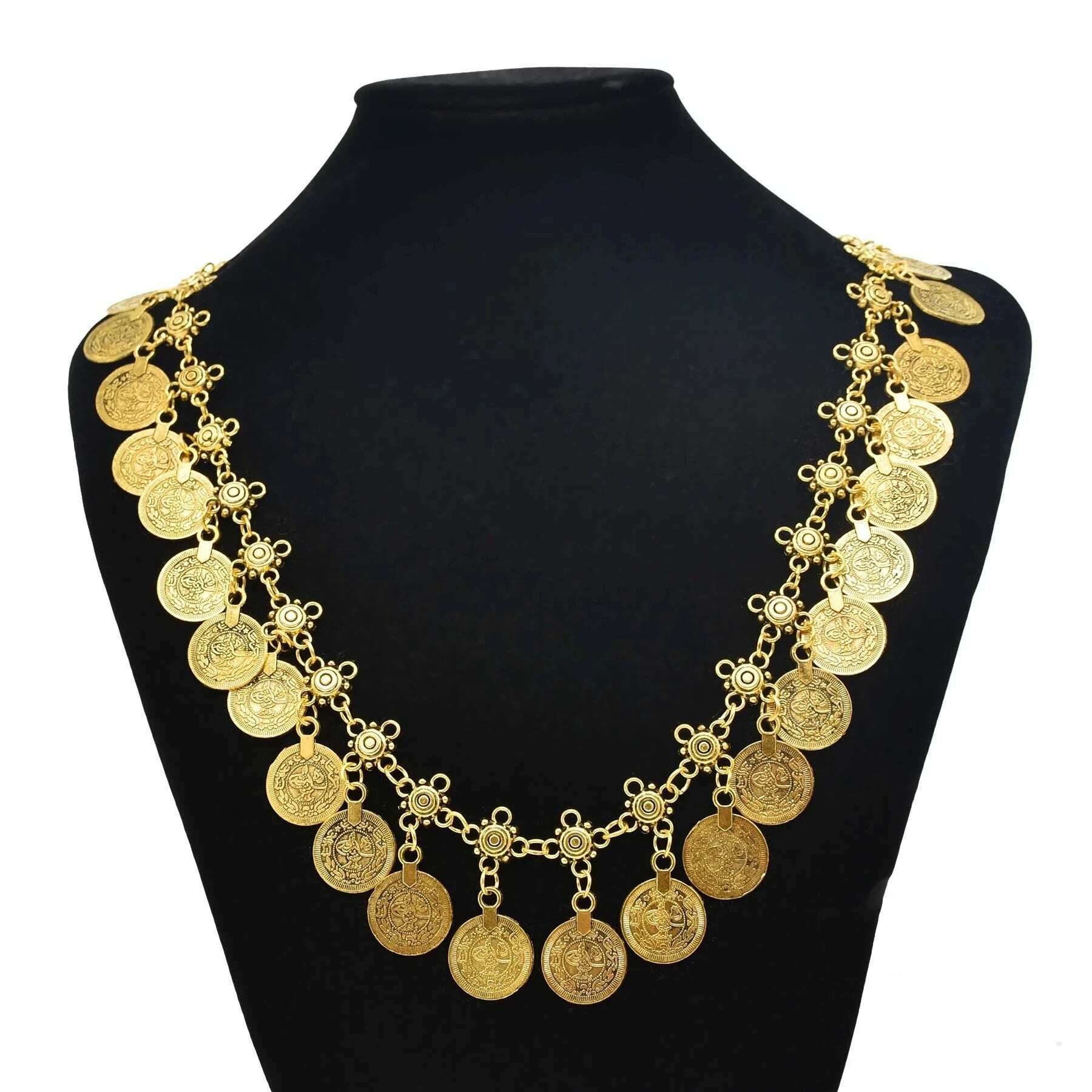 KIMLUD, Boho Vintage Ethnic Metal Coins Necklace for Women Gypsy Choker Collar Statement Necklaces Afghan Turkish Maxi Festival Jewelry, Gold, KIMLUD APPAREL - Womens Clothes
