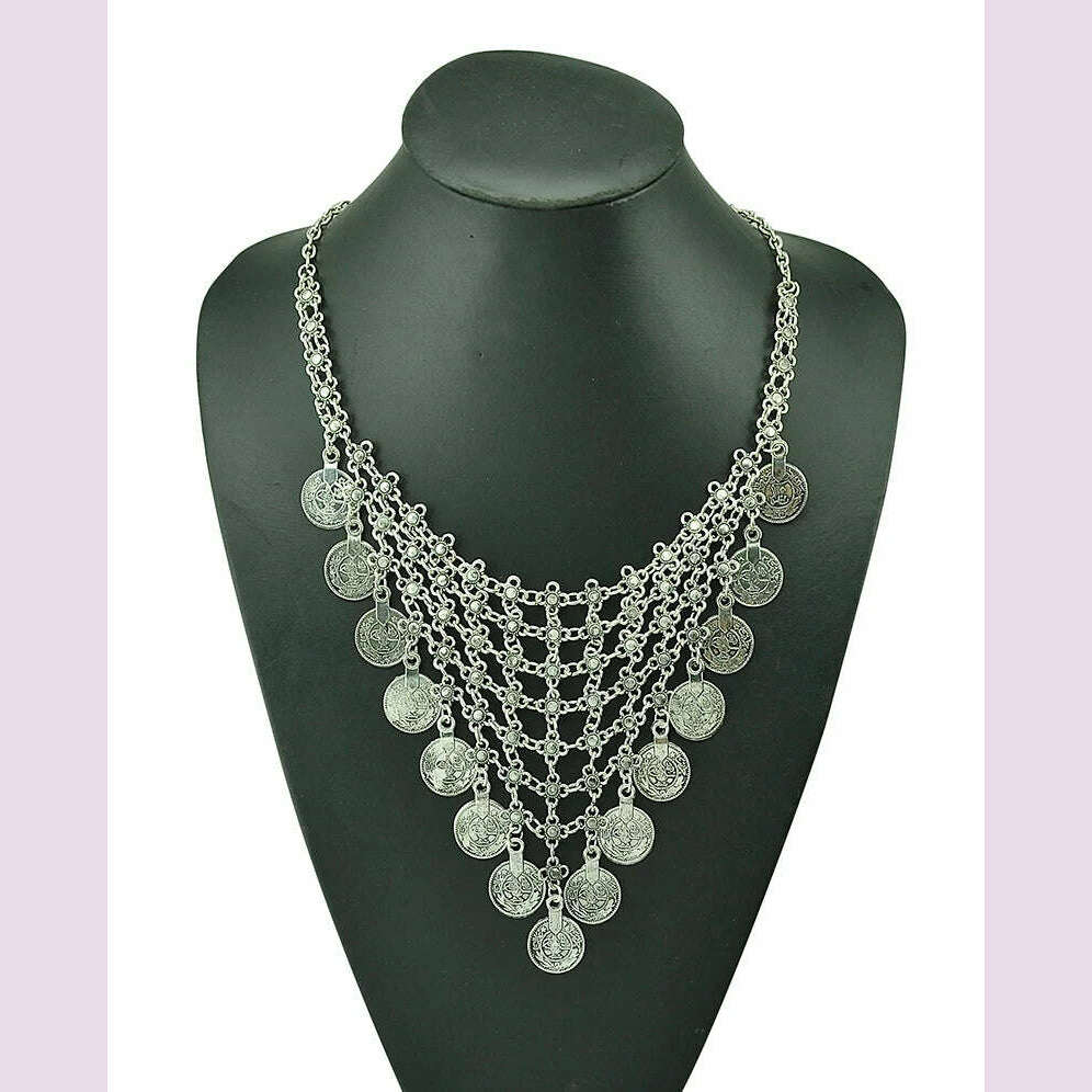 KIMLUD, Boho Vintage Ethnic Metal Coins Necklace for Women Gypsy Choker Collar Statement Necklaces Afghan Turkish Maxi Festival Jewelry, vintage silver, KIMLUD APPAREL - Womens Clothes