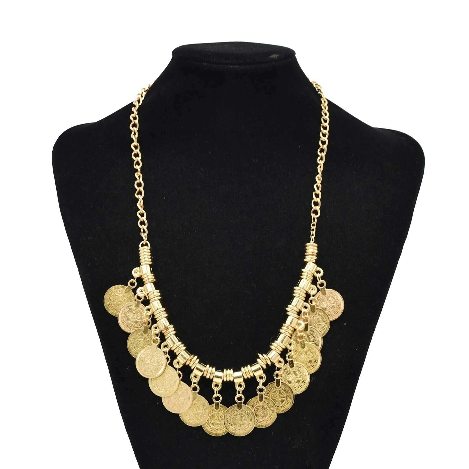 KIMLUD, Boho Vintage Ethnic Metal Coins Necklace for Women Gypsy Choker Collar Statement Necklaces Afghan Turkish Maxi Festival Jewelry, gold, KIMLUD APPAREL - Womens Clothes