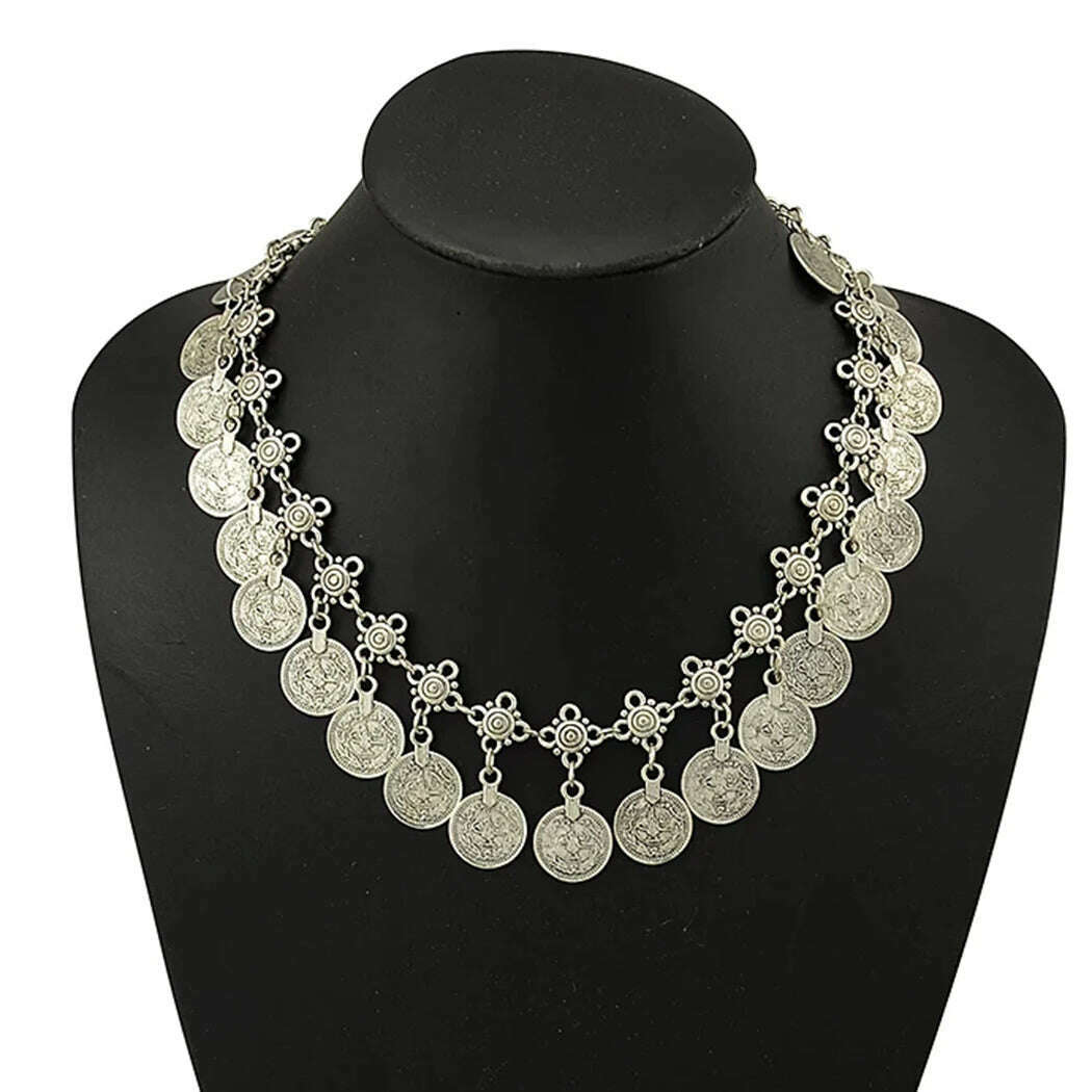 KIMLUD, Boho Vintage Ethnic Metal Coins Necklace for Women Gypsy Choker Collar Statement Necklaces Afghan Turkish Maxi Festival Jewelry, Silver, KIMLUD APPAREL - Womens Clothes