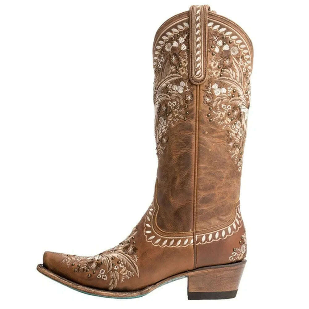 BONJOMARISA Ladies Platform Chunky Cowboy Embroidery Slip On Western Boots Women Sewing Floral Casual Leisure Ridding Boots - KIMLUD