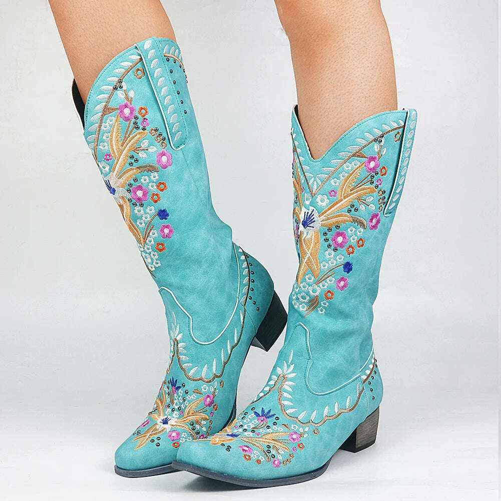BONJOMARISA Ladies Platform Chunky Cowboy Embroidery Slip On Western Boots Women Sewing Floral Casual Leisure Ridding Boots - KIMLUD