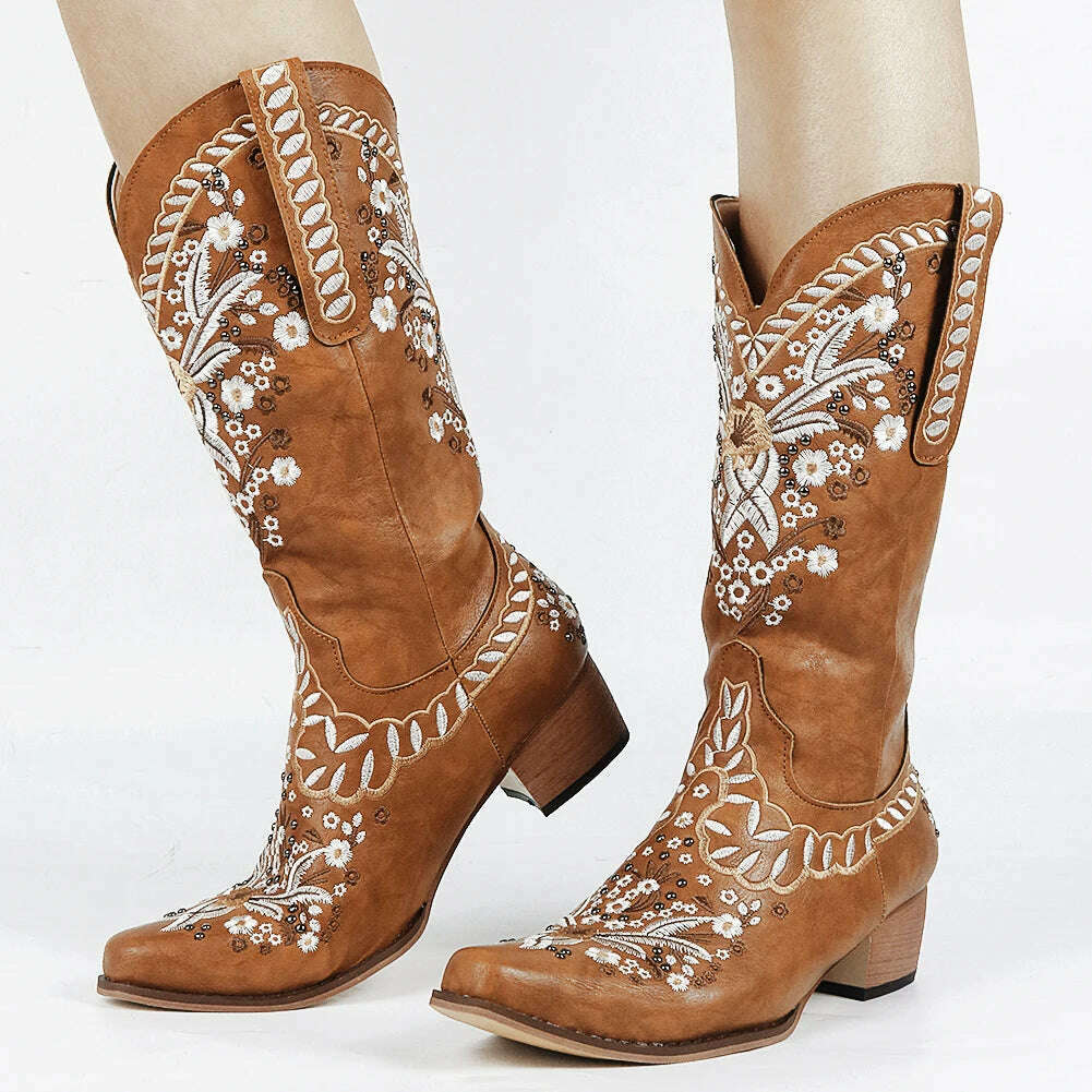 BONJOMARISA Ladies Platform Chunky Cowboy Embroidery Slip On Western Boots Women Sewing Floral Casual Leisure Ridding Boots - KIMLUD
