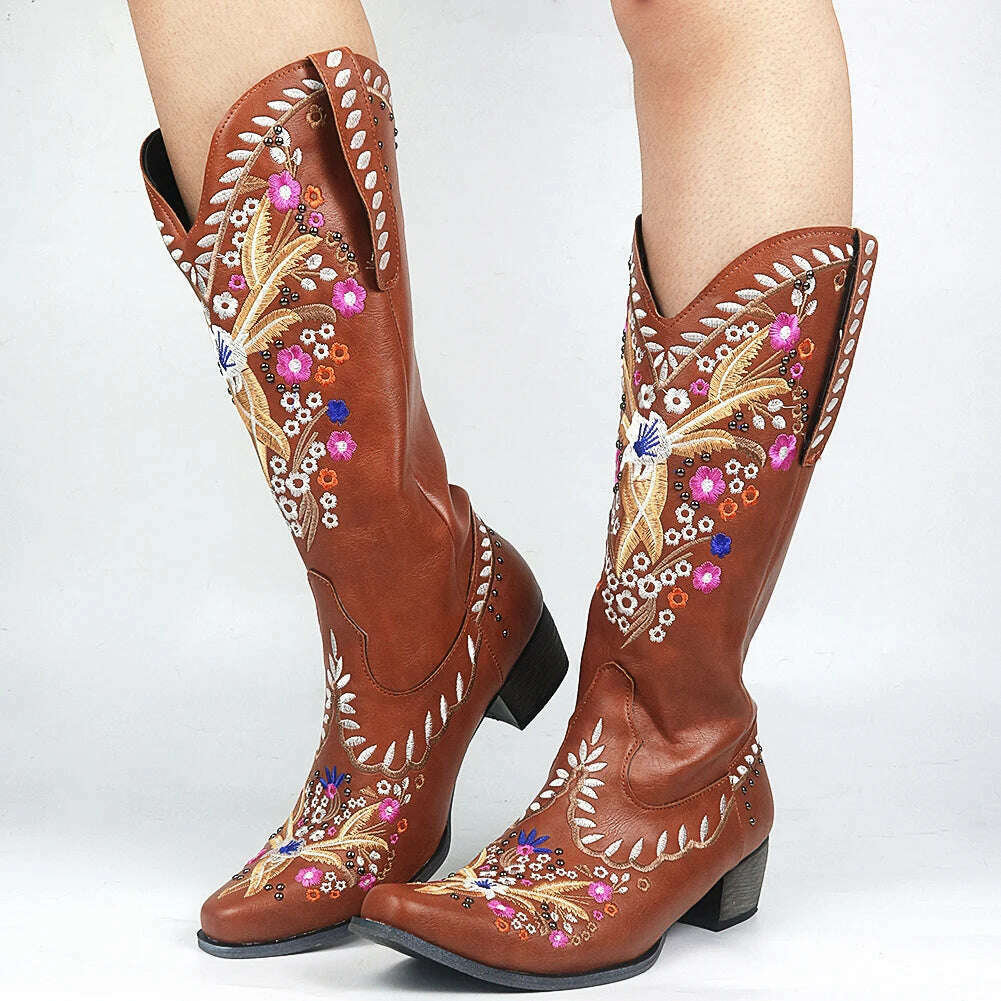 BONJOMARISA Ladies Platform Chunky Cowboy Embroidery Slip On Western Boots Women Sewing Floral Casual Leisure Ridding Boots - KIMLUD