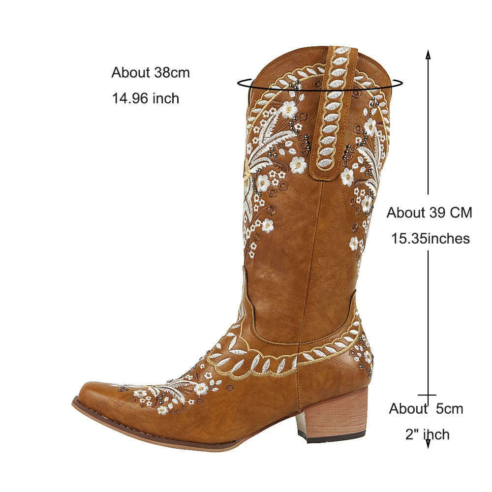 BONJOMARISA Ladies Platform Chunky Cowboy Embroidery Slip On Western Boots Women Sewing Floral Casual Leisure Ridding Boots - KIMLUD