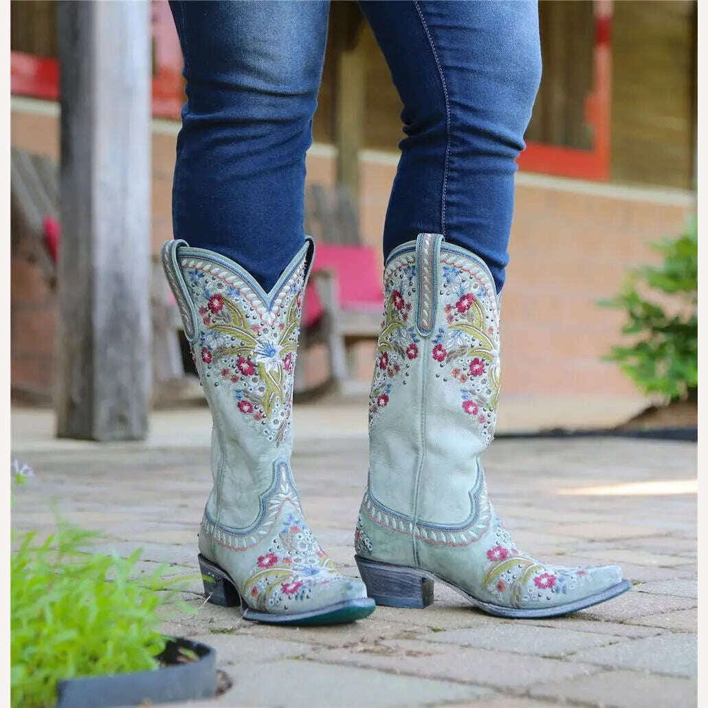 BONJOMARISA Ladies Platform Chunky Cowboy Embroidery Slip On Western Boots Women Sewing Floral Casual Leisure Ridding Boots - KIMLUD