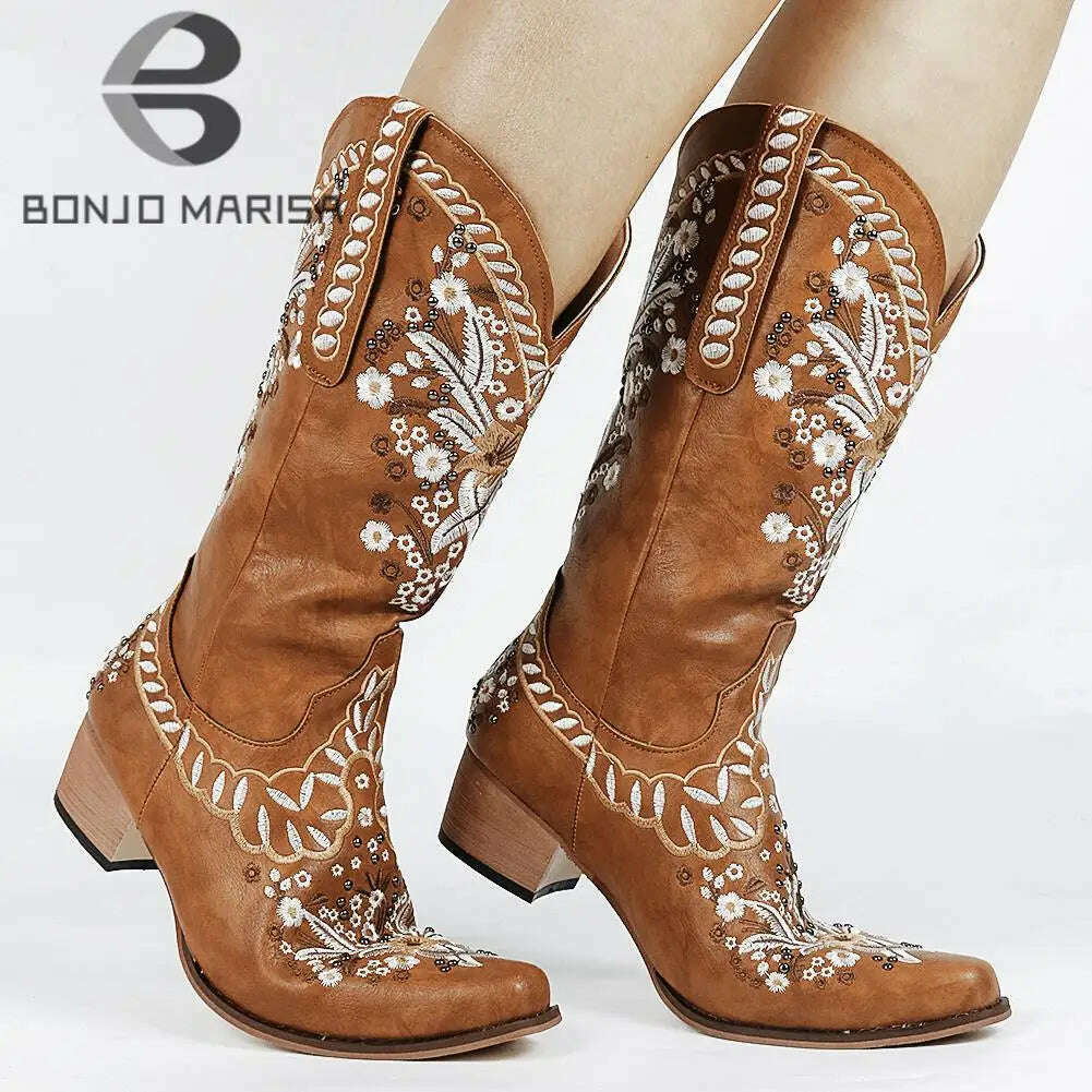 BONJOMARISA Ladies Platform Chunky Cowboy Embroidery Slip On Western Boots Women Sewing Floral Casual Leisure Ridding Boots - KIMLUD