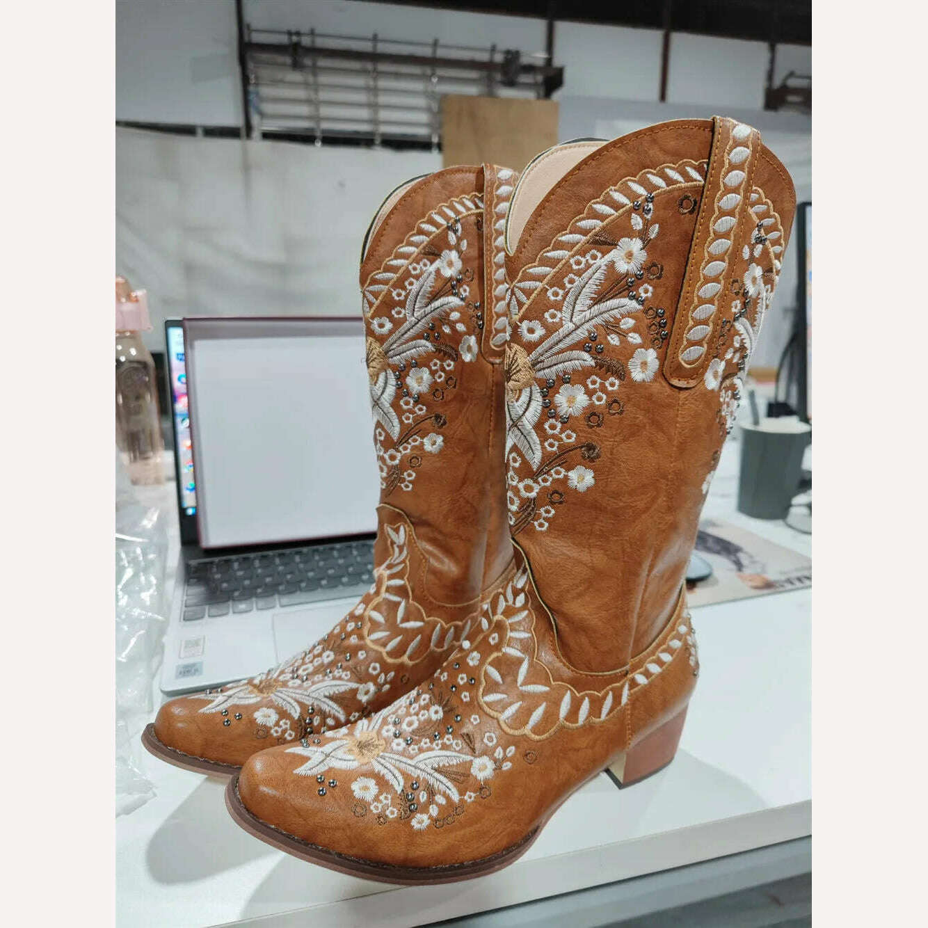 BONJOMARISA Ladies Platform Chunky Cowboy Embroidery Slip On Western Boots Women Sewing Floral Casual Leisure Ridding Boots - KIMLUD