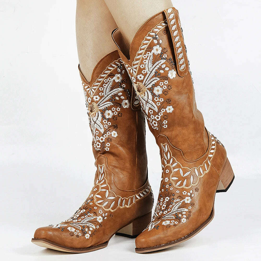 BONJOMARISA Ladies Platform Chunky Cowboy Embroidery Slip On Western Boots Women Sewing Floral Casual Leisure Ridding Boots - KIMLUD
