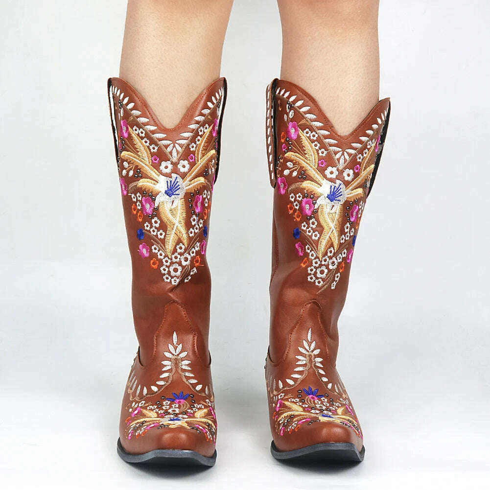 BONJOMARISA Ladies Platform Chunky Cowboy Embroidery Slip On Western Boots Women Sewing Floral Casual Leisure Ridding Boots - KIMLUD