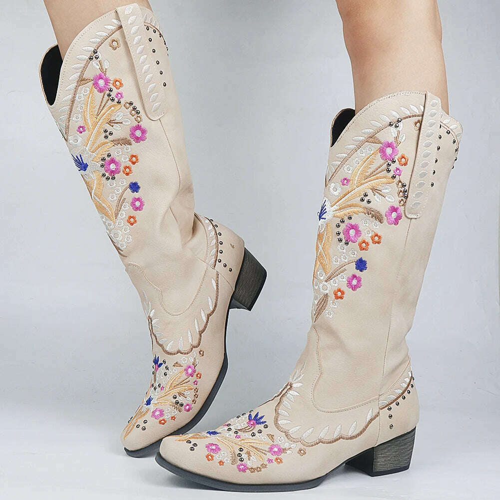 BONJOMARISA Ladies Platform Chunky Cowboy Embroidery Slip On Western Boots Women Sewing Floral Casual Leisure Ridding Boots - KIMLUD