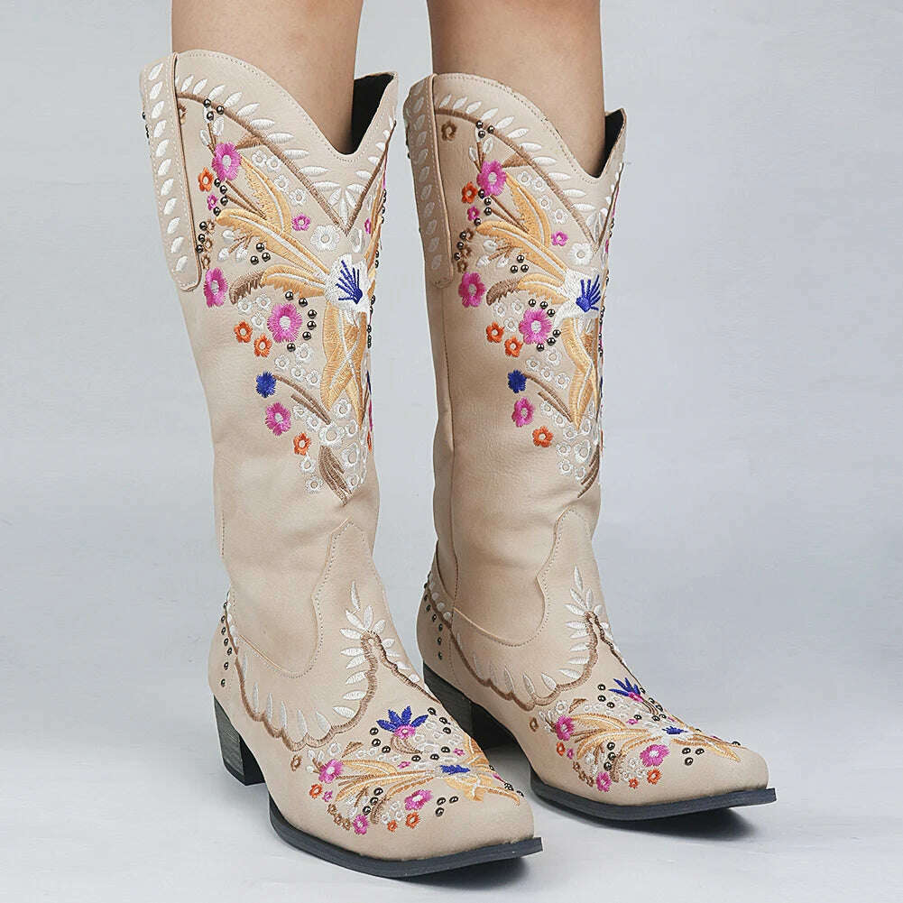 BONJOMARISA Ladies Platform Chunky Cowboy Embroidery Slip On Western Boots Women Sewing Floral Casual Leisure Ridding Boots - KIMLUD