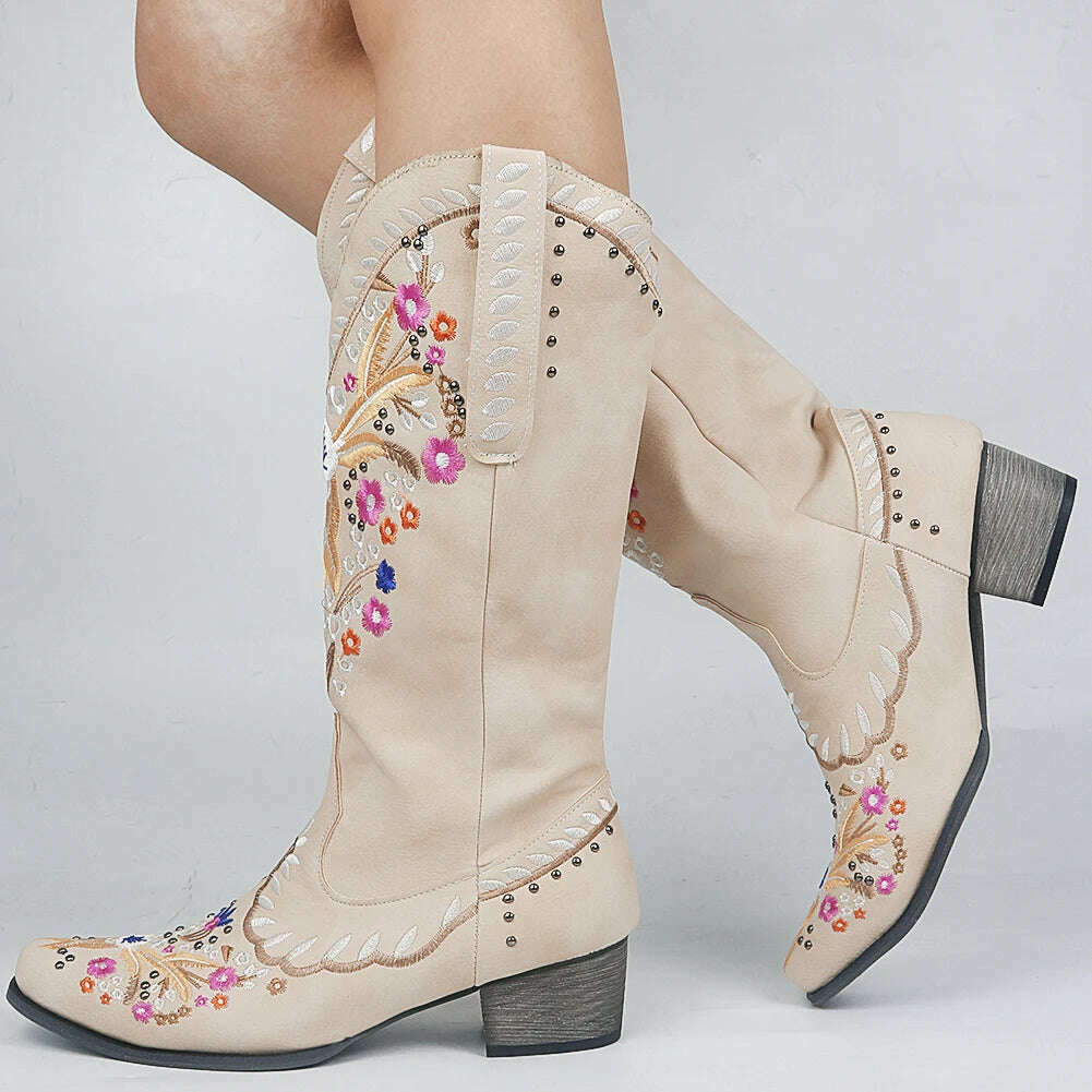 BONJOMARISA Ladies Platform Chunky Cowboy Embroidery Slip On Western Boots Women Sewing Floral Casual Leisure Ridding Boots - KIMLUD