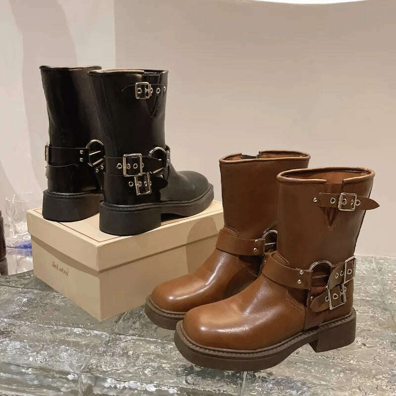 Boots Women Rivet Platform Short Leather Boots Low-heel Black Designer Belt Buckle New Rock Shoes Cowboy Style Punk Booties - KIMLUD
