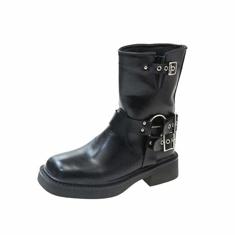 Boots Women Rivet Platform Short Leather Boots Low-heel Black Designer Belt Buckle New Rock Shoes Cowboy Style Punk Booties - KIMLUD