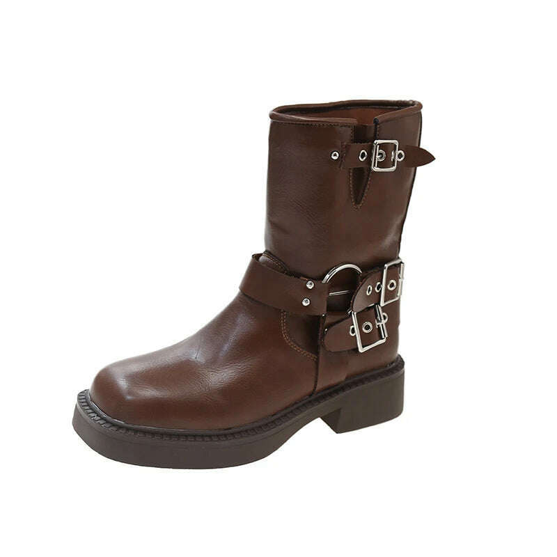 Boots Women Rivet Platform Short Leather Boots Low-heel Black Designer Belt Buckle New Rock Shoes Cowboy Style Punk Booties - KIMLUD