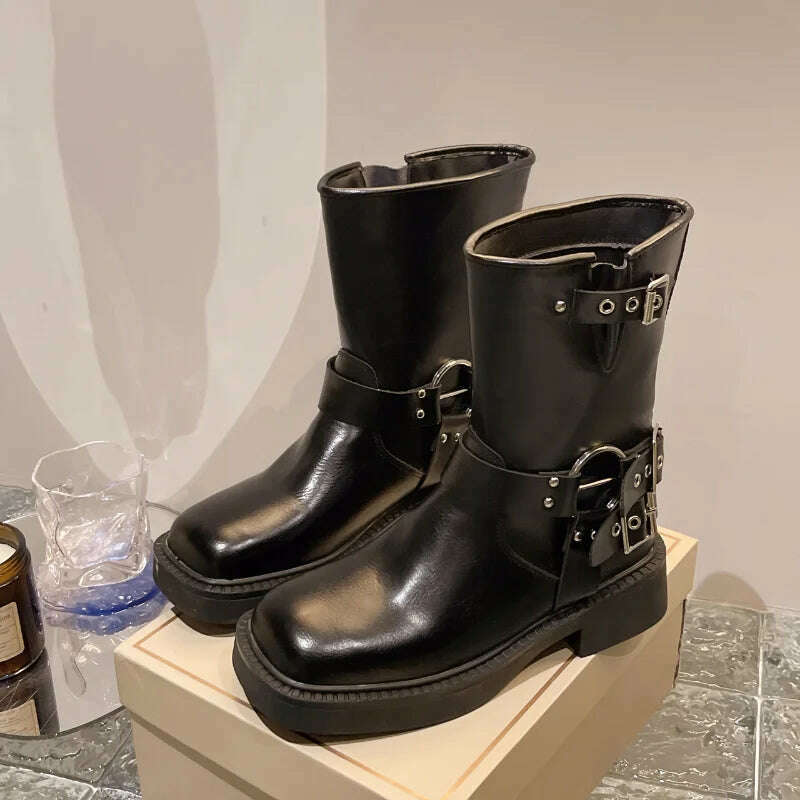 Boots Women Rivet Platform Short Leather Boots Low-heel Black Designer Belt Buckle New Rock Shoes Cowboy Style Punk Booties - KIMLUD