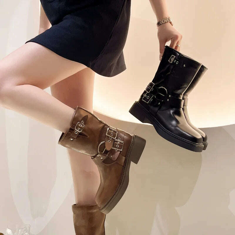 Boots Women Rivet Platform Short Leather Boots Low-heel Black Designer Belt Buckle New Rock Shoes Cowboy Style Punk Booties - KIMLUD