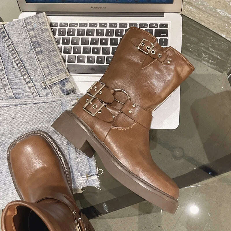Boots Women Rivet Platform Short Leather Boots Low-heel Black Designer Belt Buckle New Rock Shoes Cowboy Style Punk Booties - KIMLUD