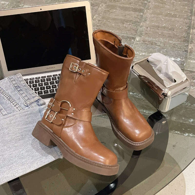 Boots Women Rivet Platform Short Leather Boots Low-heel Black Designer Belt Buckle New Rock Shoes Cowboy Style Punk Booties - KIMLUD