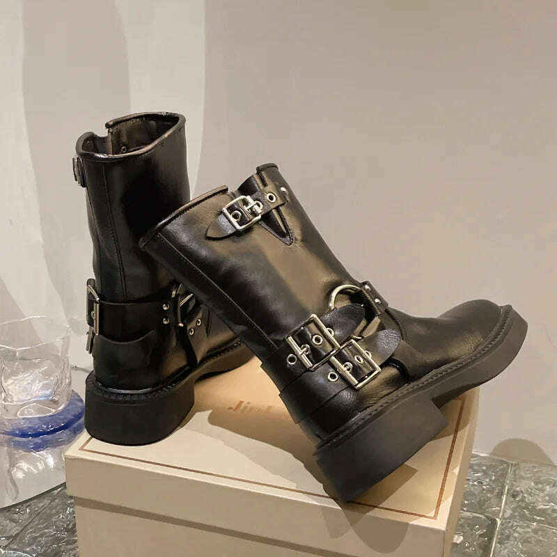 Boots Women Rivet Platform Short Leather Boots Low-heel Black Designer Belt Buckle New Rock Shoes Cowboy Style Punk Booties - KIMLUD